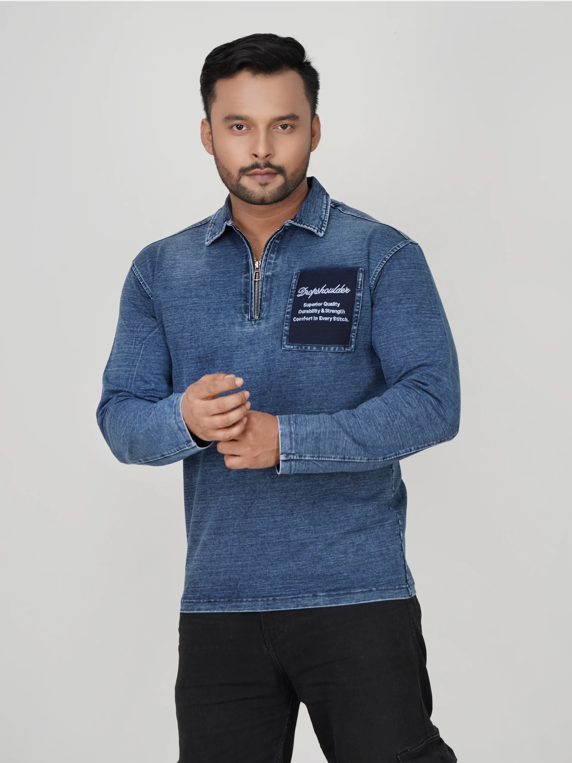 HP-865 Knit Denim Full Sleeve Polo Shirt - Image 3
