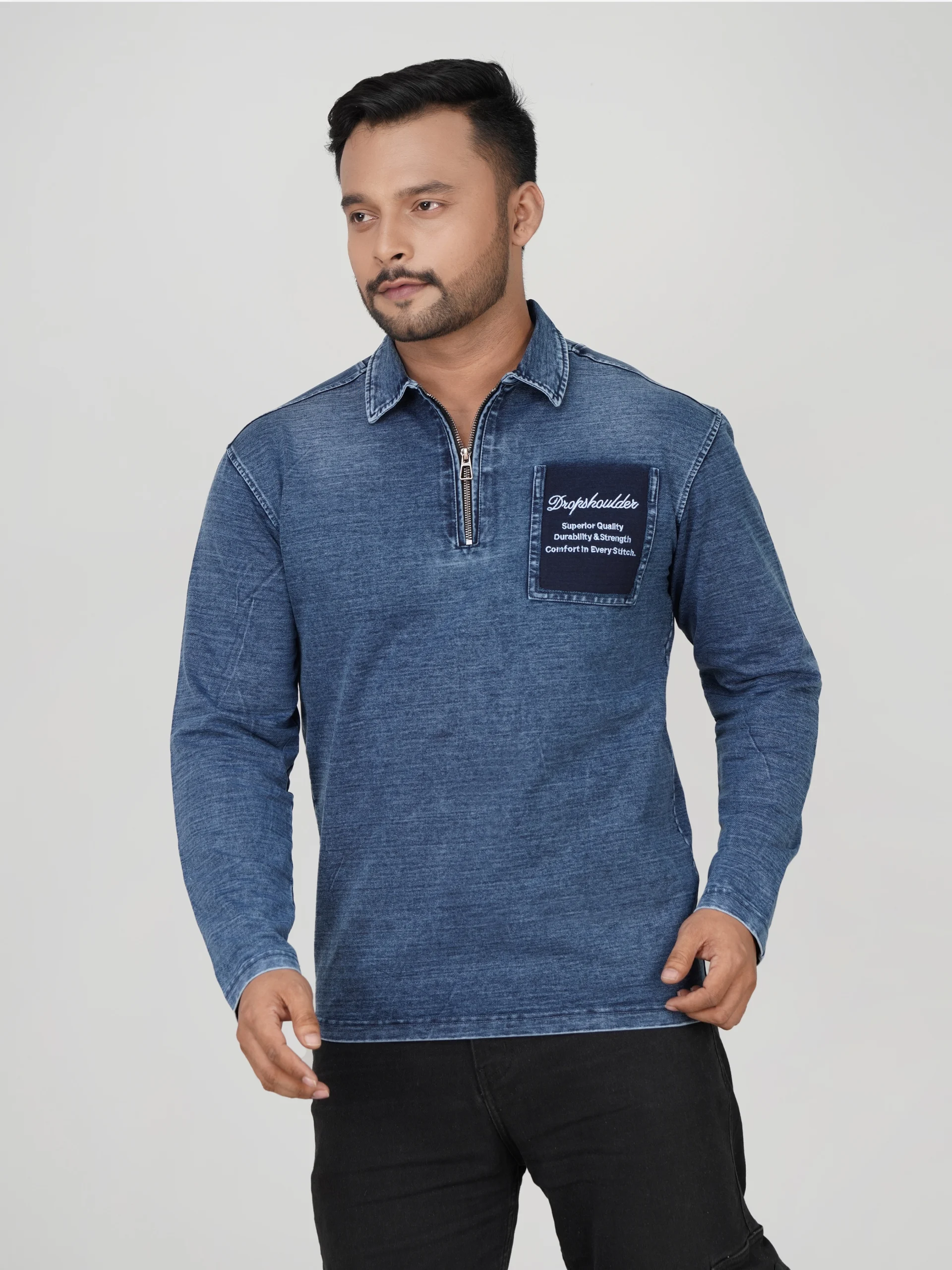 HP-865 Knit Denim Full Sleeve Polo Shirt - Image 2