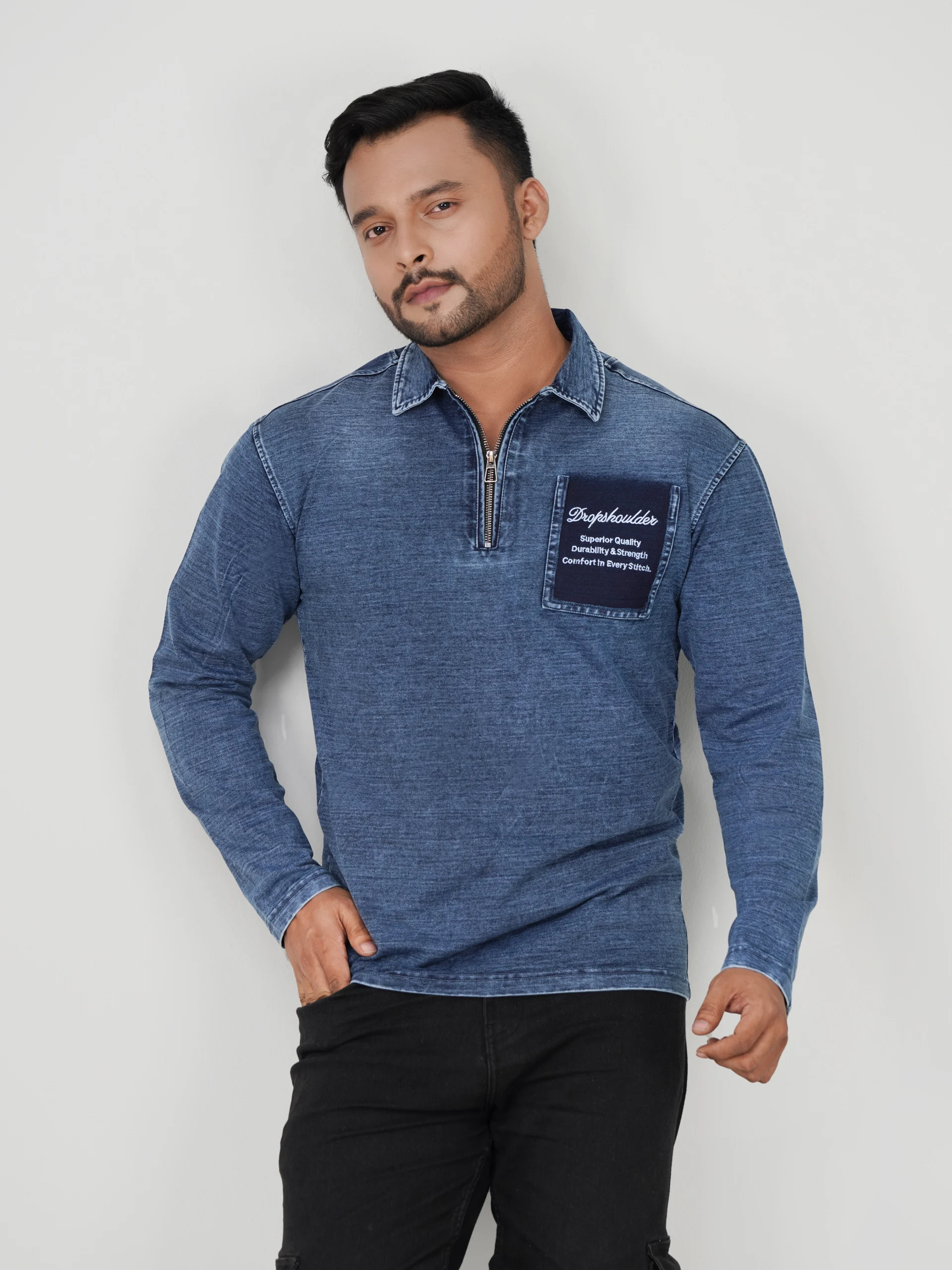 HP-865 Knit Denim Full Sleeve Polo Shirt - Image 5